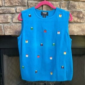 Designers Originals teal sleevelss Christmas  sweater with presents. 2X